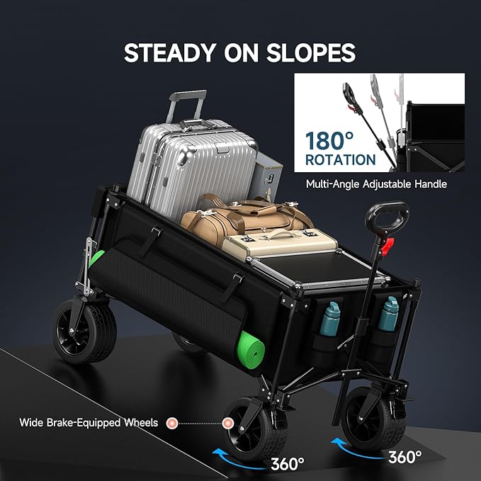 Collapsible Folding Wagon with Extended Tailgate, 150L & 580LBS Wagons Carts Foldable with All-Terrain Wheels, Side Pocket and Brakes, Beach Wagon Cart Heavy Duty for Camping, Shopping, Sports, Garden