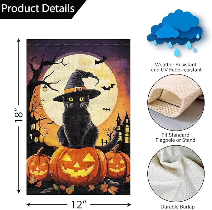 Louise Maelys Halloween Garden Flag Black Cat Witch Hat Pumpkin 12x18 Inch Double Sided Boo Moon Holiday Seasonal Fall Autumn Small Burlap Yard Sign Outside Outdoor House Decoration