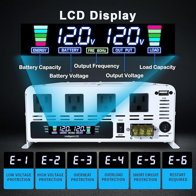 Yinleader 5000W Power Inverter 12V DC to 120V AC, 10000W Peak, with Remote Control, 4 AC Outlets, LCD Display, USB Port, for Truck/RV/Home/Off-Grid Solar System