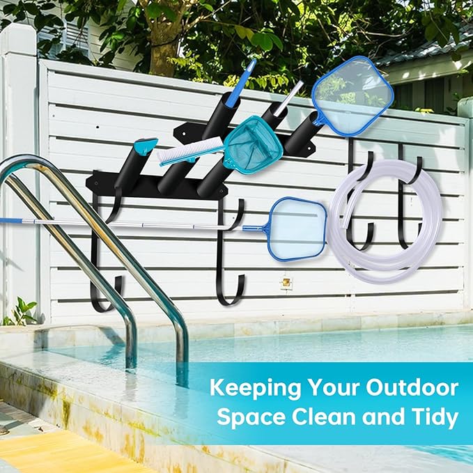 Jantens Swimming Pool Accessory and Equipment Organizer, Pool Maintenance Tool Organizer for Pool Vacuum, Skimmer Net, Hose, Telescopic Pole and More Above Ground Pool Accessories, Black, A&EO02