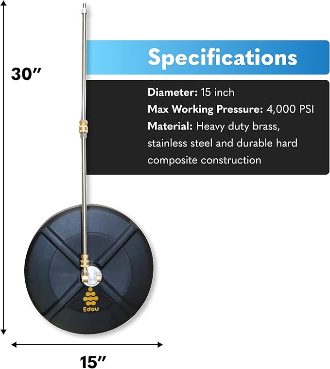 EDOU Professional Pressure Washer Surface Cleaner 15" - Stainless Steel, Heavy Duty - 4,000 PSI Max Working Pressure - Includes 2 Extension Wands and Power Washer Accessories