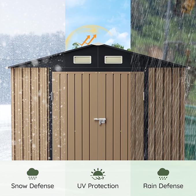 6x8FT Outdoor Metal Storage Shed with Floor Frame,Double Door, 1 Clear Window, Tool Shed for Garden, Patio, Backyard Brown