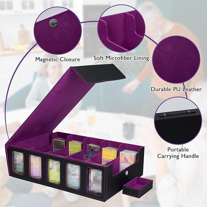 5-Row Trading Card Storage Box for Top Loaders, 3900+Card Deck Case with Portable Handle & Commander Display, 500 Sleeves, 5 Toploaders, 15 Stoppers, 24 Dividers, 1 Dice Tray, for MTG/TCG Magic Cards