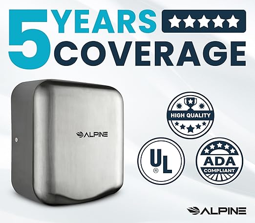 Alpine Industries Hemlock Automatic Hand Dryer - Heavy Duty Stainless Steel | 1800Watts | 110-120Volts (Brushed Stainless Steel)