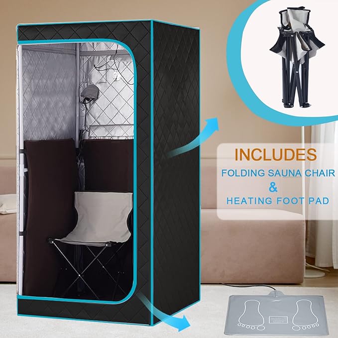 Portable Infrared Sauna for 1 Person, Full Size Home Sauna Box with Premium Dry Heating, Remote Temperature Control, Heated Foot Pad & Reinforced Folding Chair