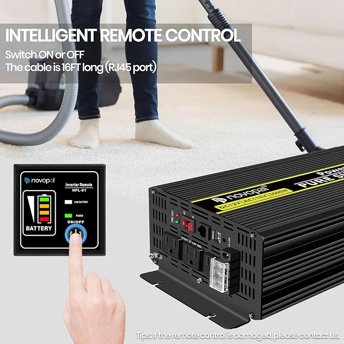 NOVOPAL 3000 watt Pure Sine Wave Inverter, 12V DC to 110V/120V AC Car Power Converter, DC-AC Power Inverter with 3 Outlets, High-Power Terminals - 16ft Remote Control, LCD Display.