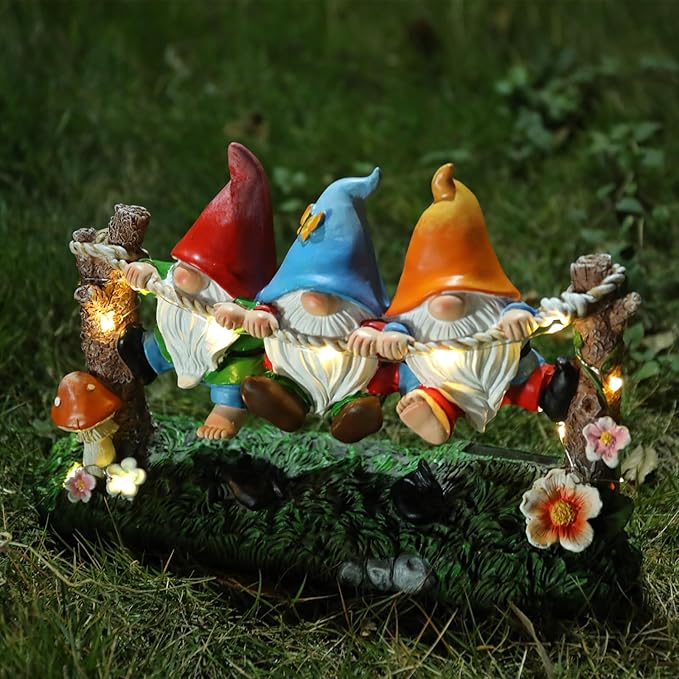 Garden Gnome Statue, Solar Swing Gnomes Figurine with Flowers and Mushrooms, Waterproof Resin Outdoor Decor for Patio Lawn Yard Home Tabletop Decoration