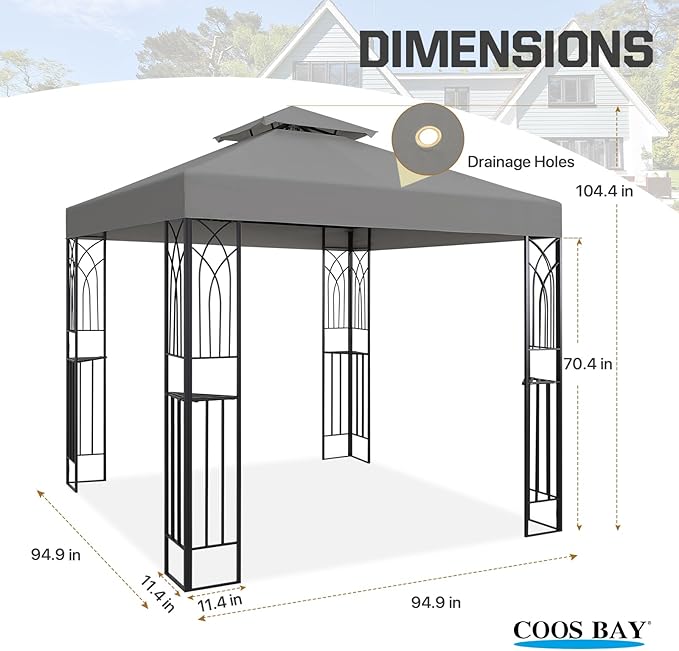 COOS BAY 8x8 Outdoor Patio Gazebo with Corner Shelves, Two-Tier Soft Top Canopy for Backyard, Lawn, Deck and Garden, Gray