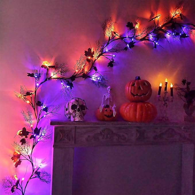 Halloween Garland with Lights 8.86FT 72LED Willow Vine Twig with Timer Black Garland Lights with Orange Pumpkins Purple Spiders and Black Leaves Dead Branches Halloween Decorations Indoor Outdoor