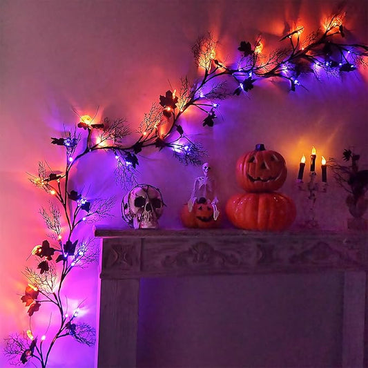 Halloween Garland with Lights 8.86FT 72LED Willow Vine Twig with Timer Black Garland Lights with Orange Pumpkins Purple Spiders and Black Leaves Dead Branches Halloween Decorations Indoor Outdoor