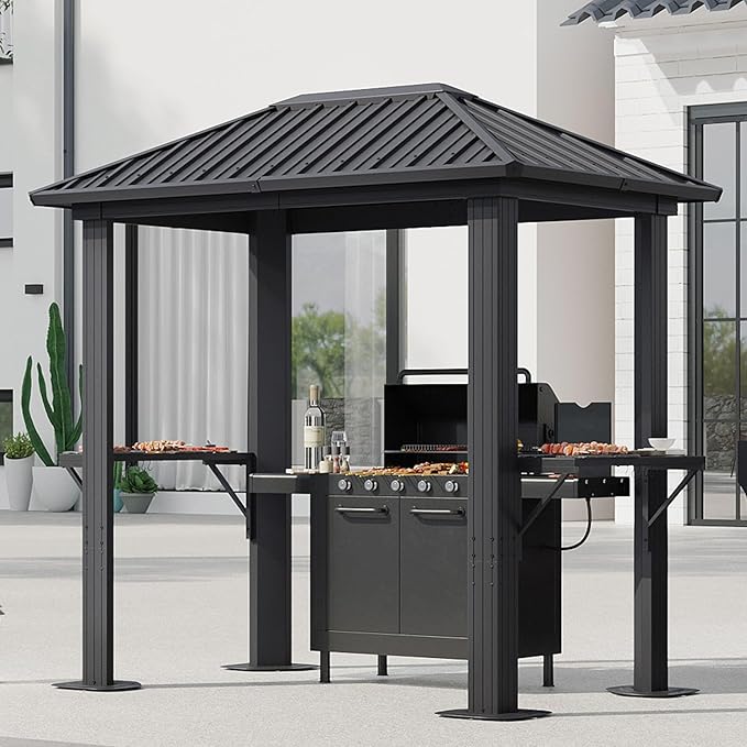 Aoxun Grill Hardtop Gazebo 5'x8', Aluminum Frame Canopy with Galvanized Steel Roof for Outside BBQ Party, Outdoor Metal Pavilion with Double Side Shelves for Backyard, Patio and Deck