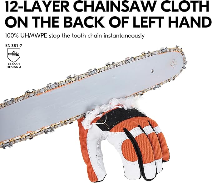 Vgo... 1-Pair 0℃/32°F Chainsaw Gloves, 12-Layer Chainsaw Protection on Left Hand Back, Safety leather Work Gloves, Mechanic Gloves(Size L, Lined Orange,GA8912FWCS)