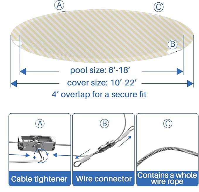 ECOOPTS 10 ft Round Pool Cover for Above Ground Pools, Swimming Pool Cover Protector Winter Safety Cover (Beige White Stripes)