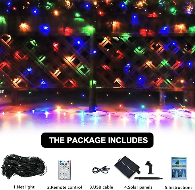 Solar Net Lights Outdoor Mesh Lights Christmas Decorations, 200LED String Tree Wrap Waterproof 19 Modes for Bushes, Fence,Garden, Shrubs,Trunk, Halloween,Xmas Decor (Multi-Colored, 9.8ft x 6.6ft)