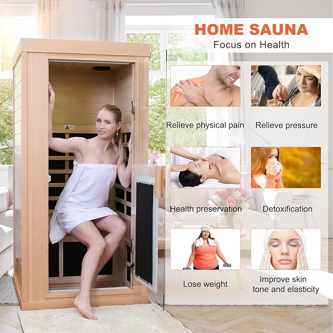 1 Person Infrared Saunas for Home, Dry Sauna for Home, Low Emf Infrared Sauna 1350W Indoor Saunas for The Home, Traditional Sauna, Bluetooth Speakers, Reading Lamps, Room:63 * 32 * 32 Inch