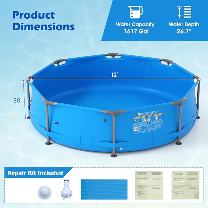 GYMAX 12ft x 30in Metal Frame Above Ground Swimming Pool, Outdoor Backyard Famliy Pool Set with Puncture-Resistant Fabric, Drainage Valve Connector for Kids & Adults (12' x 30", Round, Blue)