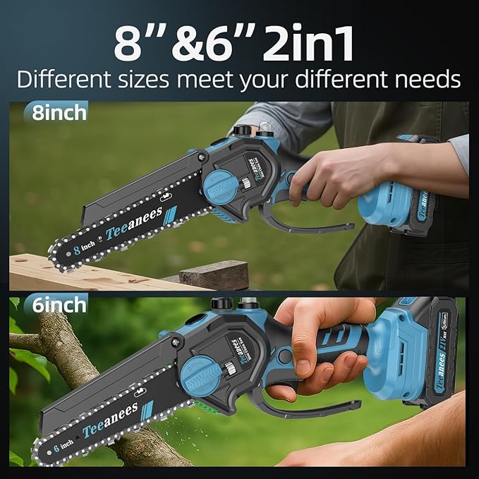 Mini Chainsaw Cordless, 8 Inch & 6 Inch Portable Electric Chain Saw with 2 Battery 8 Chains, Auto Oiler, Battery Powered Small Handheld Saw for Wood Cutting, Tree Trimming, Garden(Blue)