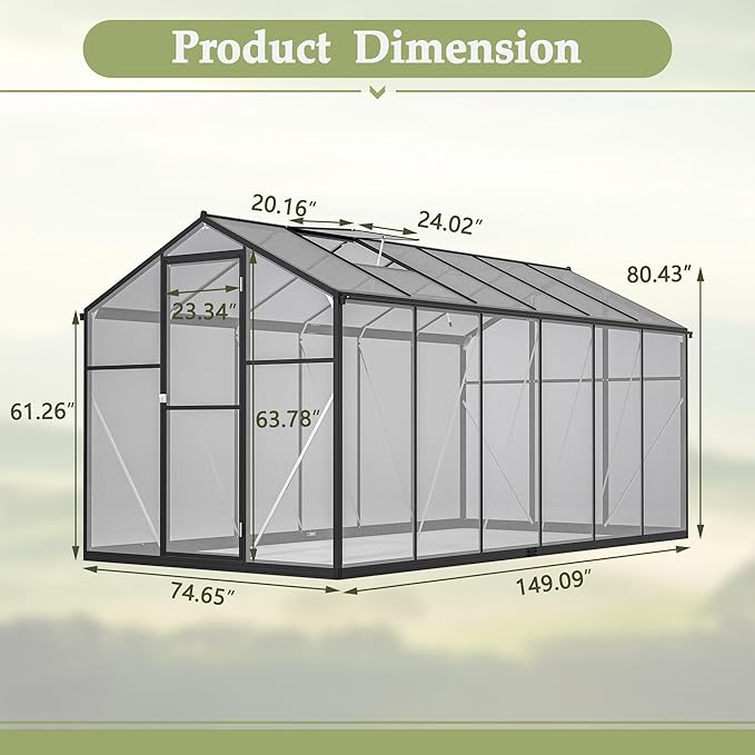 KEIKI 6x12 FT Greenhouse for Outdoors, Heavy Duty Polycarbonate Greenhouse, Large Walk-in Green House with Double Doors and Two Ventilation Windows for Outside Green House Garden Backyard