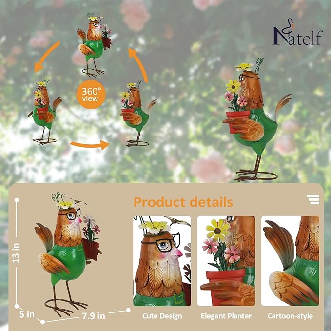 Natelf Metal Chicken Statue for Outdoor Decor Cute Rooster Hen Garden Sculpture with Vintage Glasses, Weather-Resistant Farmhouse Art for Yard, Patio, Coop, or Housewarming Gift for Mom, Friends