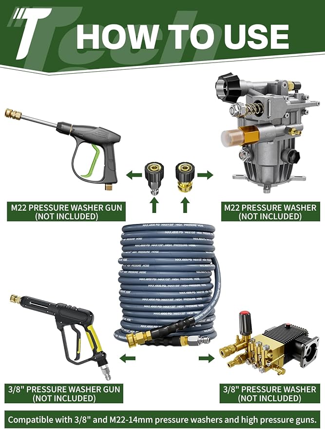 3/8" 4800PSI Pressure Washer Hose 125FT with Swivel Quick Connect for Cold/Hot Water Max 248°F, Kink Resistant Steel Wire Braided, Wear Resistant Power Washer Hose with M22 14mm Adapter