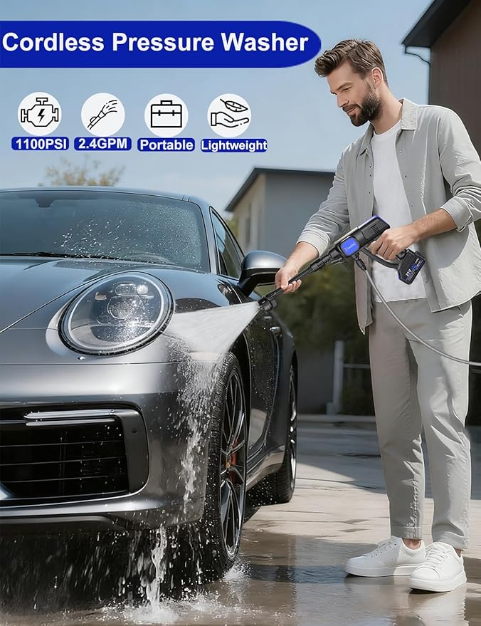 Portable Power Washer, 1100PSI Cordless Pressure Washer Battery Operate with 6-in-1 Nozzle, Foam Cannon, 3.0Ah Battery, Lightweight Handheld Power Washer for Car, Patios, Outdoor Cleaning