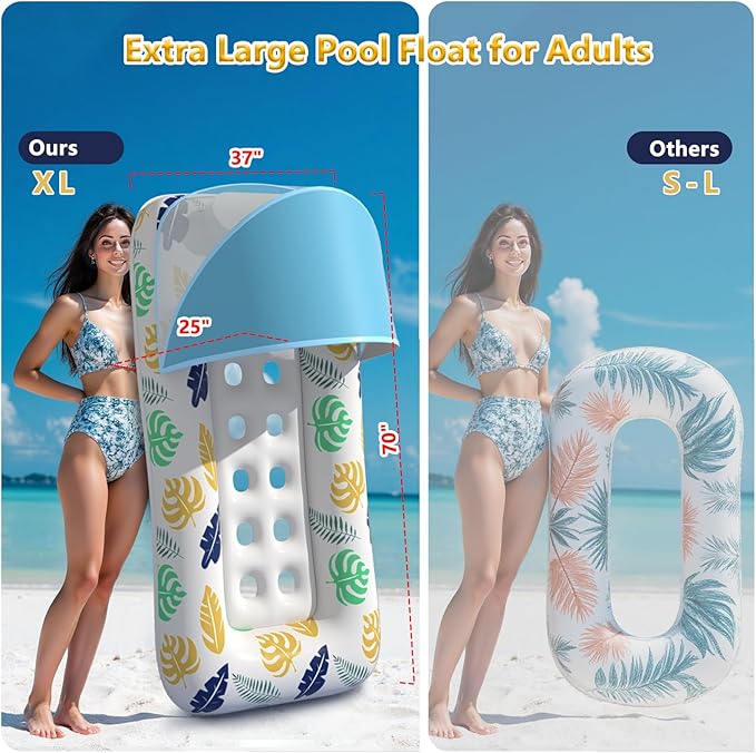 Inflatable Adult Pool Floats with Canopy 70 Inch Giant Swimming Pool Lounger Raft with Cup Holder & UV-Resistant Heavy-Duty Adults Floaties for Beach Lake Pool Parties Summer Travel Accessories