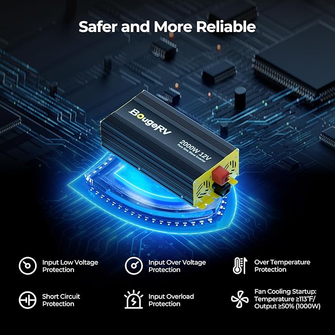 BougeRV 2000W Pure Sine Wave Inverter Convert 12V DC to 120V /110V AC, Fully 2000W Output, Built-in BT for BougeRV APP, Wired Remote Controller, Off-Grid Solar System, RV, Backup Power