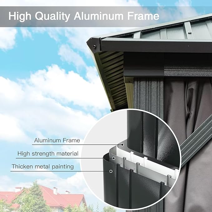 Domi 8’ X 8’ Hardtop Gazebo Canopy with Netting & Curtains, Outdoor Gazebo with Galvanized Steel Double Roof for Patio Lawn and Garden, Gray