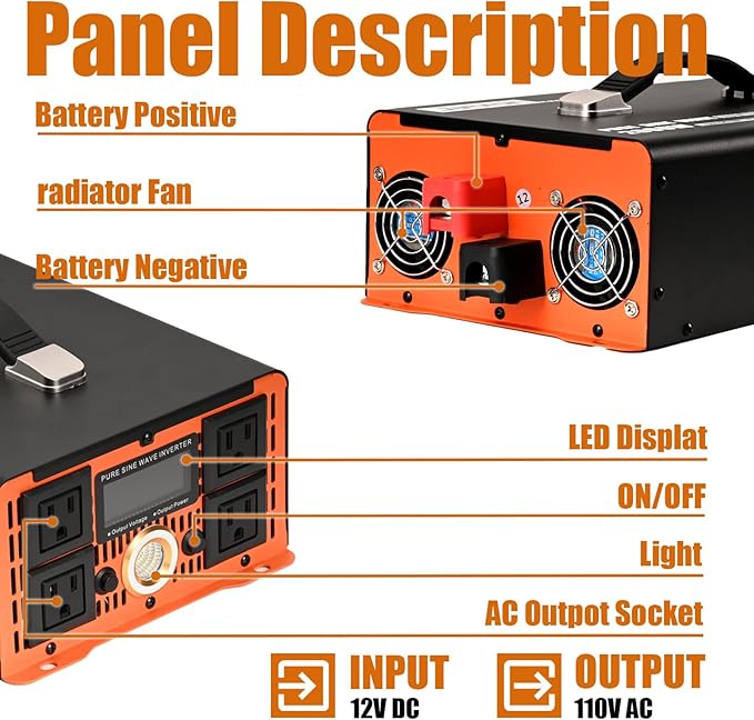Jamesin 2000 Watts Pure Sine Wave Inverter, 4000 Watts Peak Power, 12 VDC to 110/120 VAC with LED Display for Home, Truck, Car, RV, Residential Solar Systems