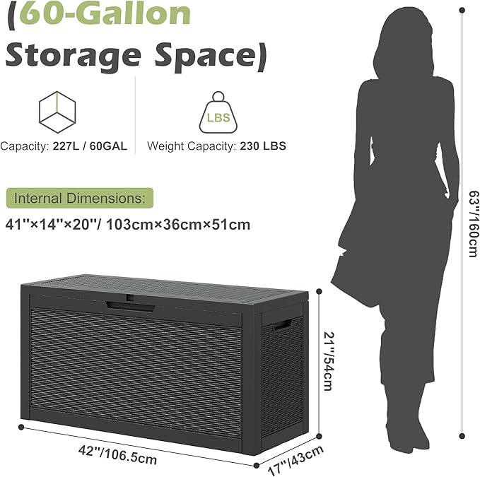 59 Gallon Outdoor Storage Deck Box Waterproof,Large Resin Storage Container for Outside,Patio Accessories for Outsid,Backyard Delivery Boxes,Lockable Lid,Rattan Black