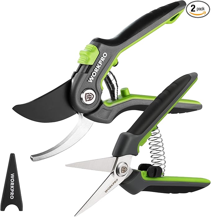 WORKPRO Garden Pruning Shears 2 Pack, 8" Bypass Pruning Shears and 6.25" Straight Garden Scissors, Premium Plant Shears, Garden Clippers Hand Tools for Cutting Flowers, Trimming Plants, Picking Fruits