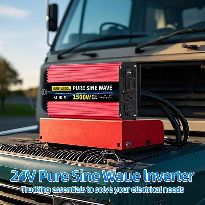 SUNWHEEL 1500W 24V Pure Sine Wave Inverter, 24V DC to 110V/120V AC Power Inverter for RV、Off Grid、Truck、Power Outage with 2 AC outlets and LCD Display