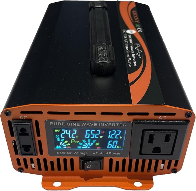 1000W Power Inverter 24V DC to 110V 120V AC Pure Sine Wave Converter LCD Display for Car RV Truck Off Grid Home Solar with Handle