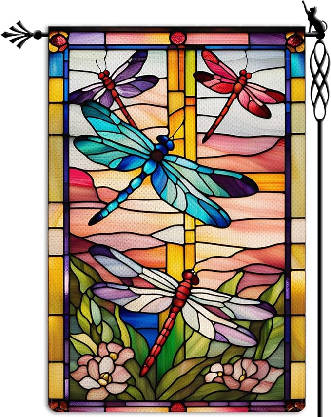 Spring Summer Dragonfly Garden Flag Stained Glass Style Flowers Garden Flag Vertical Double Sided Rustic Farmland Burlap Yard Lawn Outdoor Decor 12.5x18"