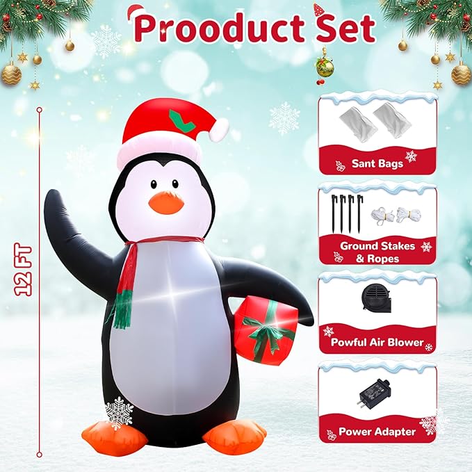 12 Feet Christmas Inflatable Penguin Holding Gift LED Lights Outdoor Decoration for Lawn Garden Entrance Holiday Party Festive Atmosphere Cute Toy