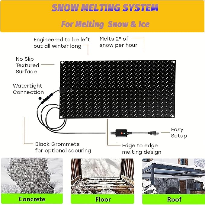 Heated Snow Melting Mats for walkways Stairs- Outdoor Heated Mats- Non-Slip Electric Heated Foot Mats for Winter Snow Removal- Heated Snow Melting Mat for Stairs garages Driveway (10in x 48in)