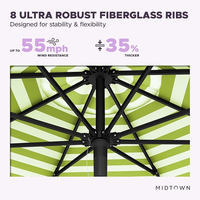 Midtown Umbrellas Push and Pop 10 Feet Outdoor Umbrella, Pear Stripes Polyester Fabric - Fiberglass Ribs Deck Patio Umbrella, Backyard Umbrella, Garden Umbrella & Pool Umbrella - Black Pole