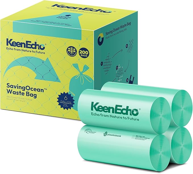 6 Gallon 200 Counts Small Green Trash Bags with Handle, Ocean Fishing Nets Upcycling, Sage & Sea Salt Scented, Plastic Garbage Bags, Waste Bag for Kitchen, Bathroom, Office and Pets