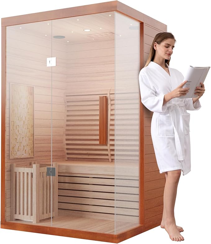 3 Person Wooden Steam Sauna Room, Red Cedar Luxurious Indoor Sona House with 6 KW Harvia Heater, Wi-Fi Controller, Bluetooth Speaker, Wooden Bucket, Scoop, Reading Light, 220V