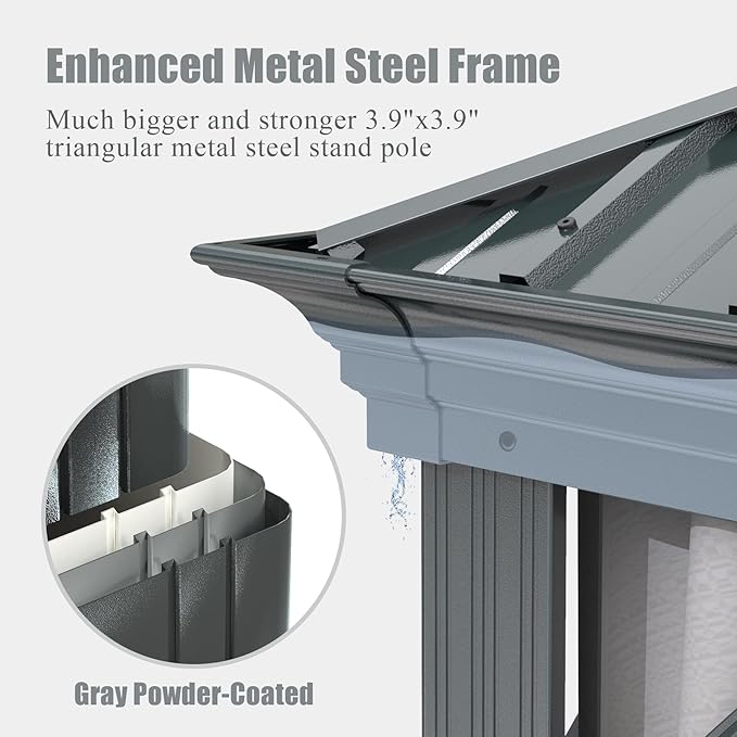 Domi 12x12FT Outdoor Gazebo, Hardtop Gazebo with Galvanized Steel Double Roof, Metal Gazebos with Drainage System Patio Pergola for Patio Deck Backyard,Curtain and Netting,Gray