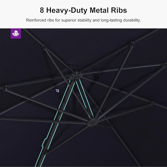 PURPLE LEAF 9' × 9' Patio Cantilever Umbrella with Base Outdoor Square Adjustable Offset Umbrellas with 360-degree Rotation and 8 Heavy Duty Metal Ribs for Garden Deck Pool Navy Blue