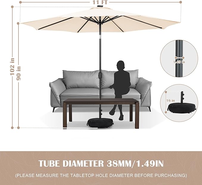 Sundale Outdoor 11 ft Patio Umbrella with Sand Bag Umbrella Base Included, Outdoor Umbrella with Tilt and Crank, Beige