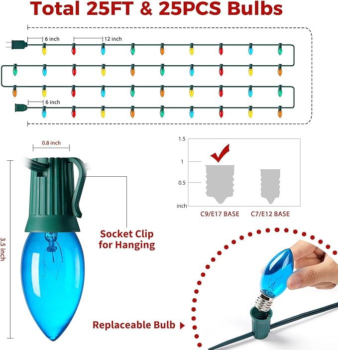 Minetom C9 Multicolor Christmas String Lights, 25FT 25 Blubs Bright & Warm Outdoor Christmas Lights, Long Life C9 String Lights for Tree Patio Gazebo Wreath, Multicolor Green Wire