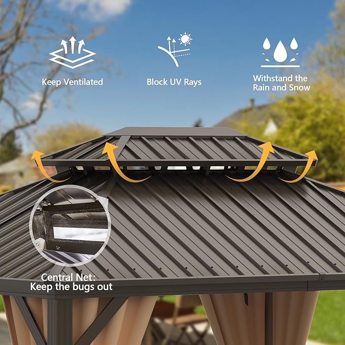 Domi 12'x20' Hardtop Gazebo Canopy - Outdoor MetalF with Galvanized Steel Double Roof, Curtain and Netting - Permanent Pavilion for Patio, Deck, Backyard