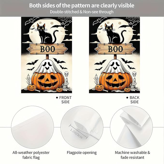 Halloween Garden Flag 12x18 Inch Double Sided Ghost Pumpkin Flags Cat Boo Sign Moon Bat Banner Small Yard Flag for Halloween Outdoor Decoration