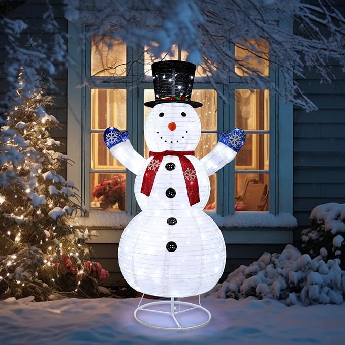 Outvita Outdoor Christmas Decorations 6ft Lighted Snowman, White Snowman with Twinkle Lights Red Scarf Black Hat, Foldable Snowman for Xmas Indoor and Outdoor Garden, Yard Decor