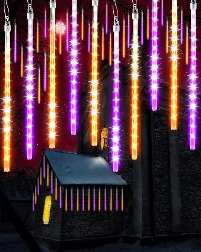 Halloween Lights Outdoor 10 Tubes 240 LED Raindrop Meteor Shower Icicle Light with Timer Function Cascading Falling Rain Lights for Halloween Orange Purple
