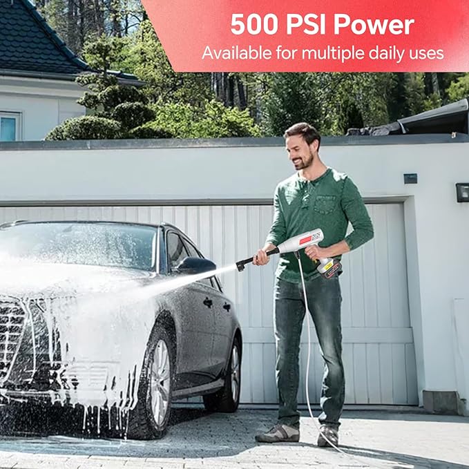 Cordless Pressure Washer, 600PSI Portable Power Washer with 6-in-1 Nozzle & Foam Cannon, 21V Battery Powered Handheld High Pressure Washers Gun for Car, Patio, Home (Hose Adapter is NOT Included)