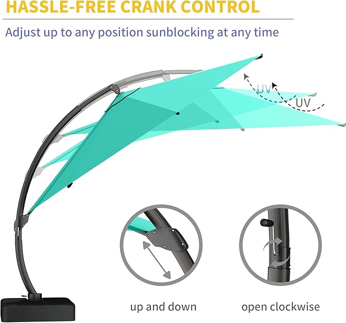 Kingdura 12ft Offset Cantilever Patio Umbrella with Base Included, Large Round Aluminum Outdoor Umbrella, 360° Rotation & Infinite Tilt, Heavy Duty Frame for Deck Pool Backyard, Turquoise blue