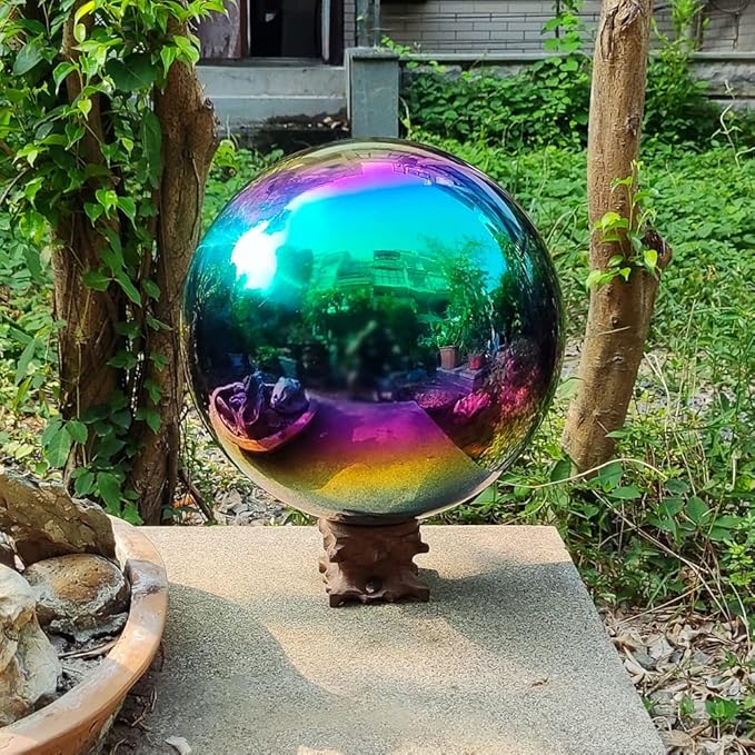 30cm/12 inch Garden Sphere Mirror Gazing Ball,Rainbow Stainless Steel Polished Reflective Smooth Hollow Globe Ball,Durable Colorful and Shiny Decorations Addition to Garden Patio Yard Home